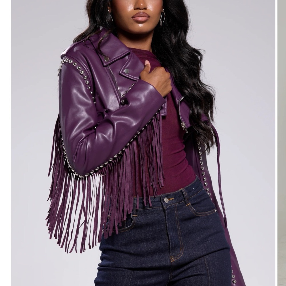 AKIRA Purple Fringe Studded Leather Jacket